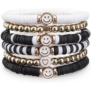 Preppy Bracelets Set Colorful Heishi Surfer Happy Smile Evil Eye Beaded Stretch